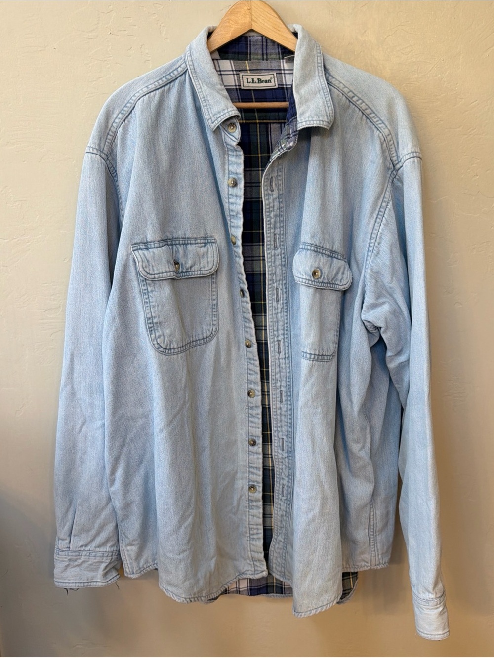 Vintage LL Bean Shirt Barn Chore Jacket Denim Flannel Lined Mens Sz XL Tall